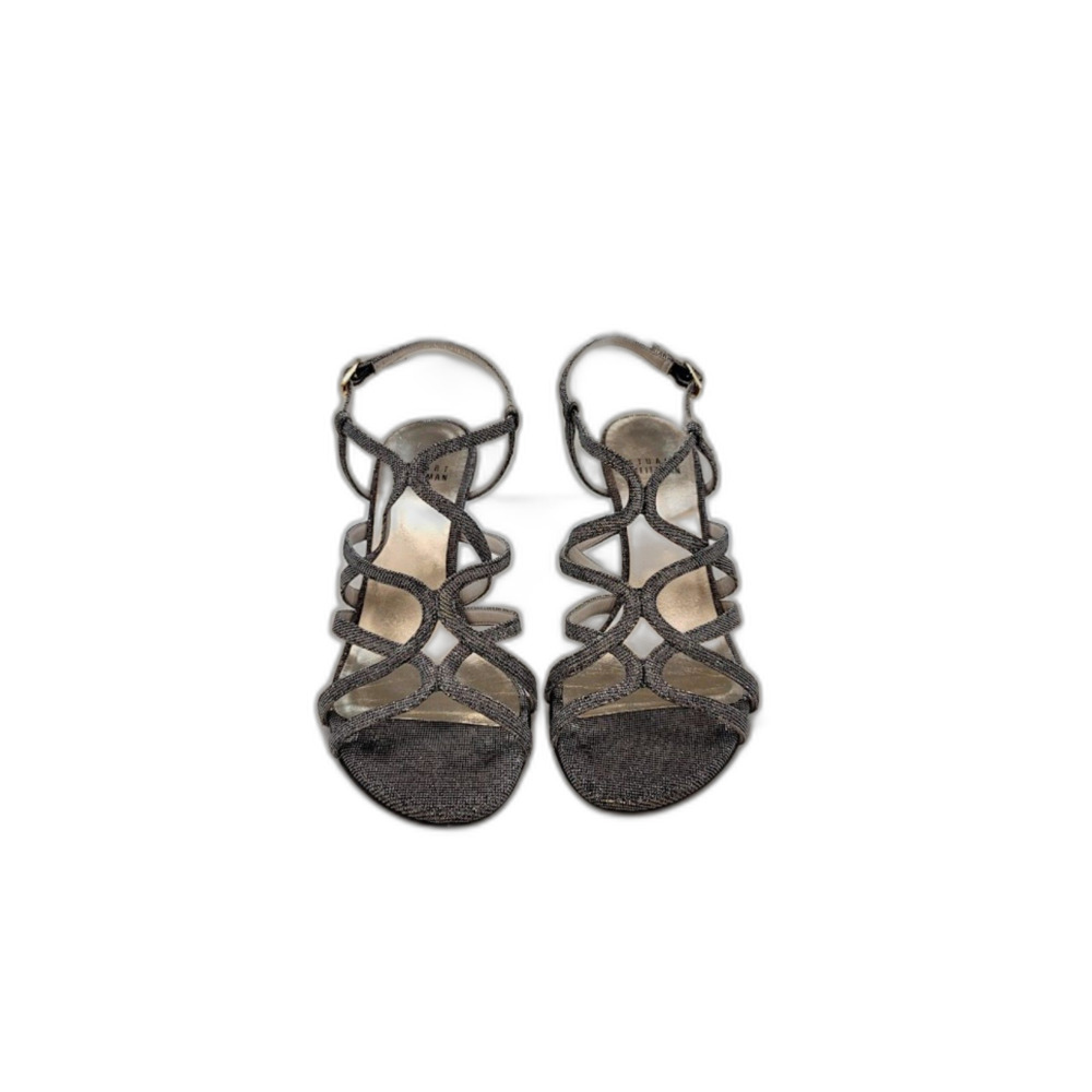 Stuart Weitzman Gunmetal Metallic Strappy Kitten Heel Sandals Womens 6 Y2K Shoe